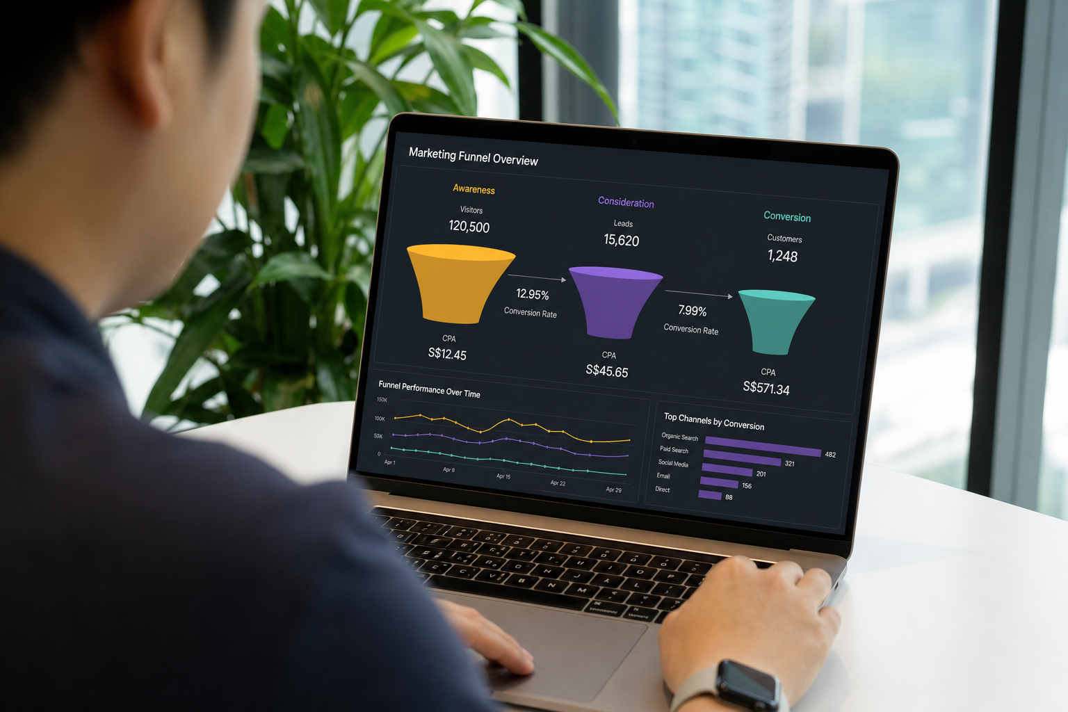 Analyst reviewing marketing funnel data and channel performance dashboards