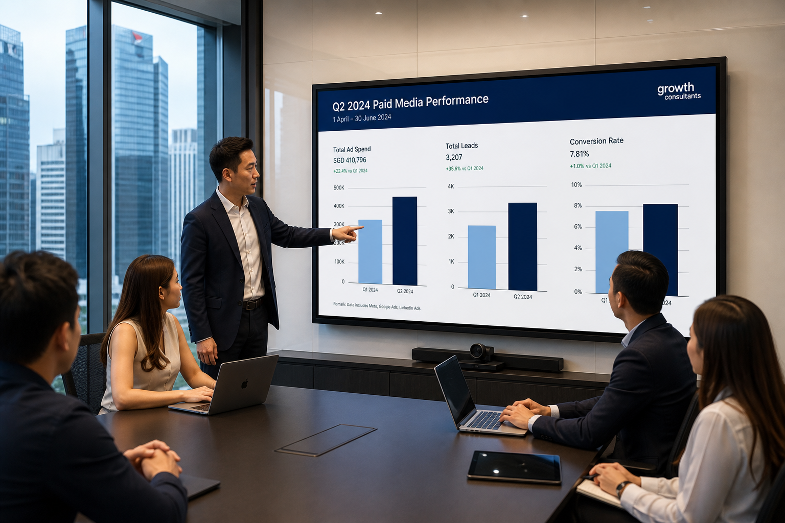 Growth consultants presenting quarterly performance results to a client team