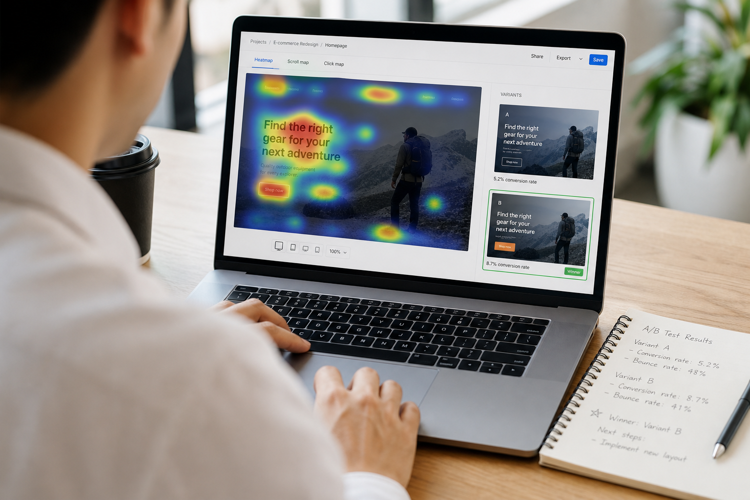 UX researcher analysing A/B test results on website conversion funnel
