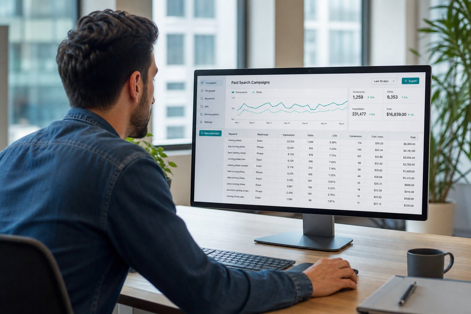 Digital marketer optimising pay-per-click advertising campaigns