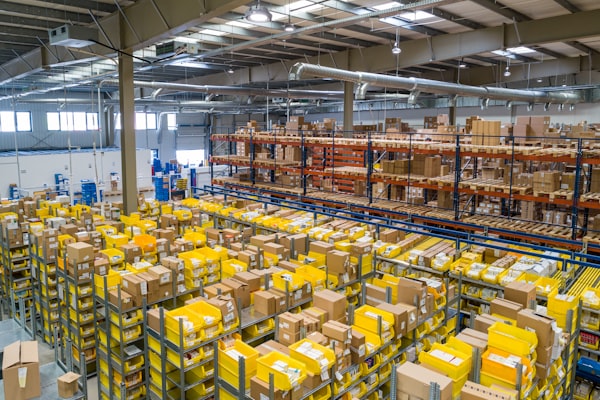 E-commerce warehouse with packaged products ready for shipping