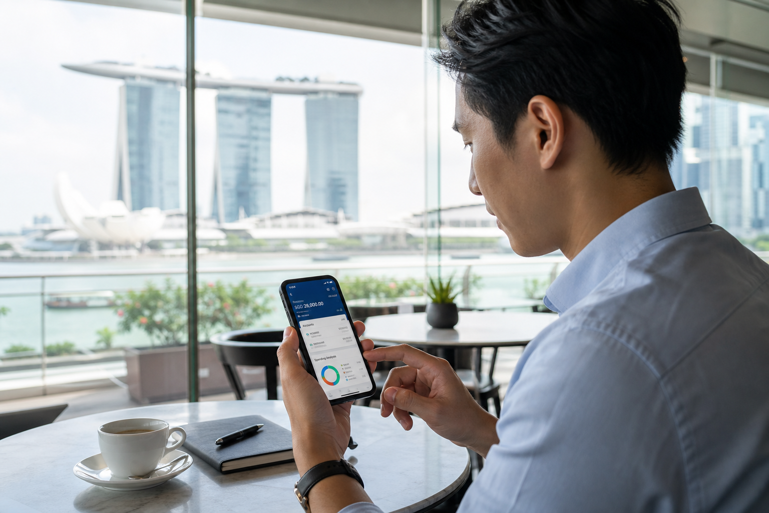 Professional using a fintech app with Singapore financial district in the background