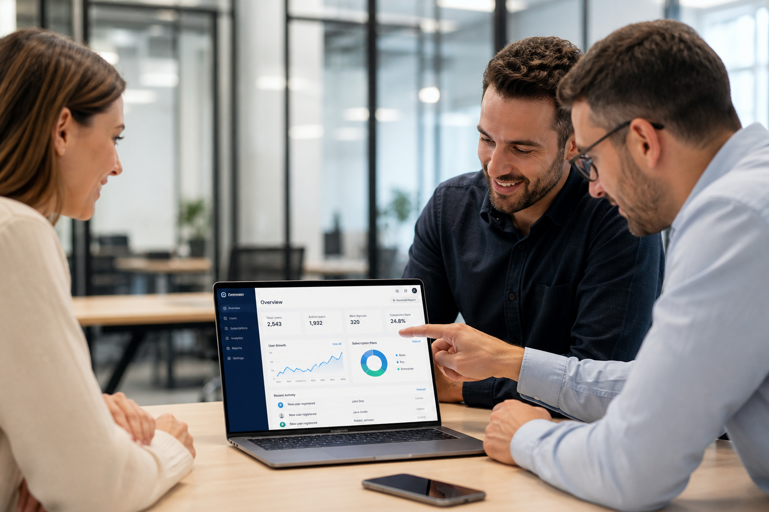B2B SaaS team presenting a product dashboard during a demo with a buyer